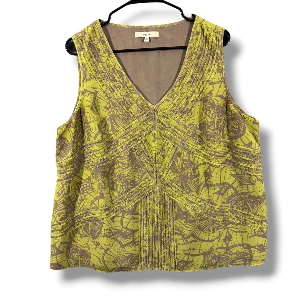 Sejour Sleeveless Top Yellow Tan Fringe Trim Abstract Print Blouse Tank 16W